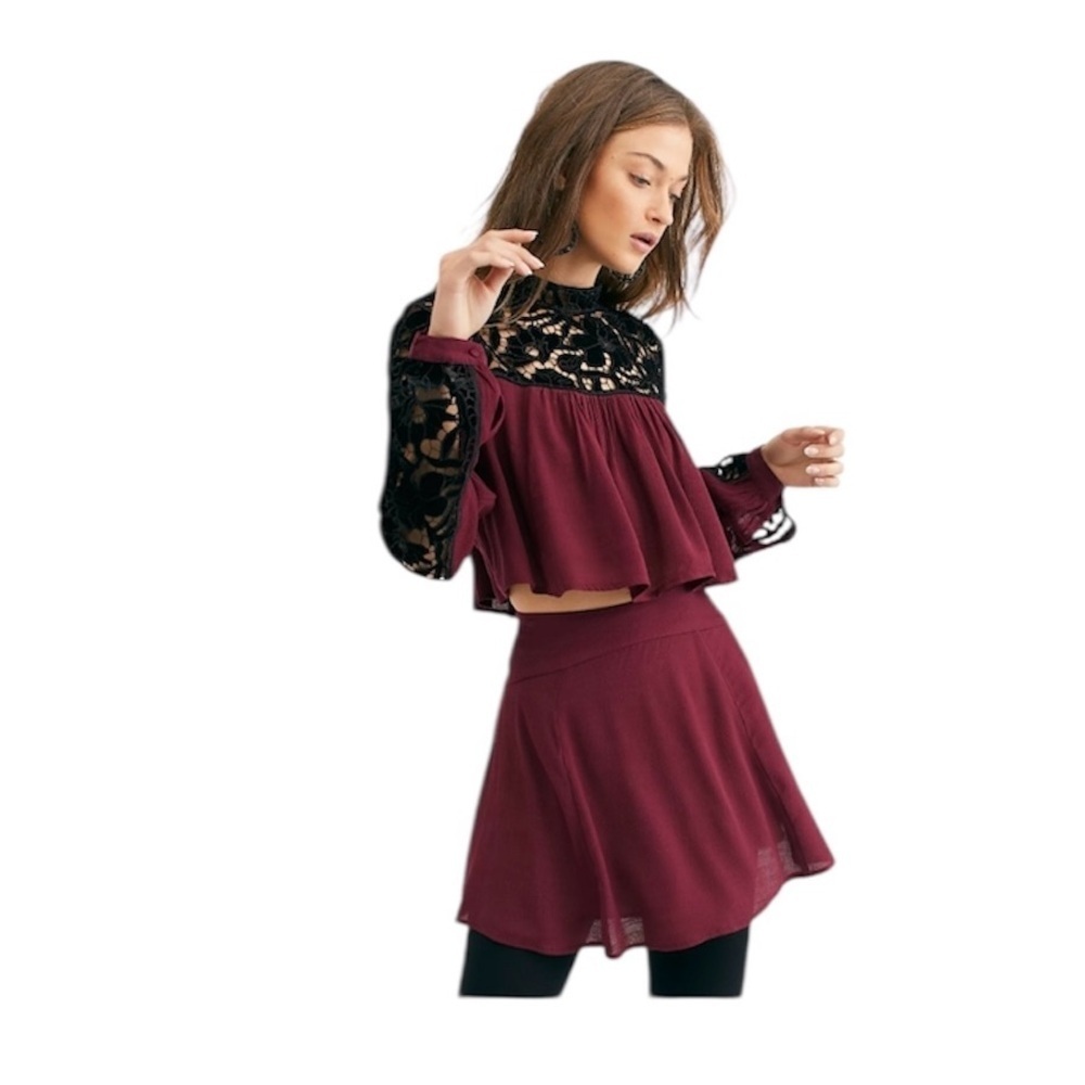 Free People Two Hearts Velvet Embroidered Cropped Top, Size 6